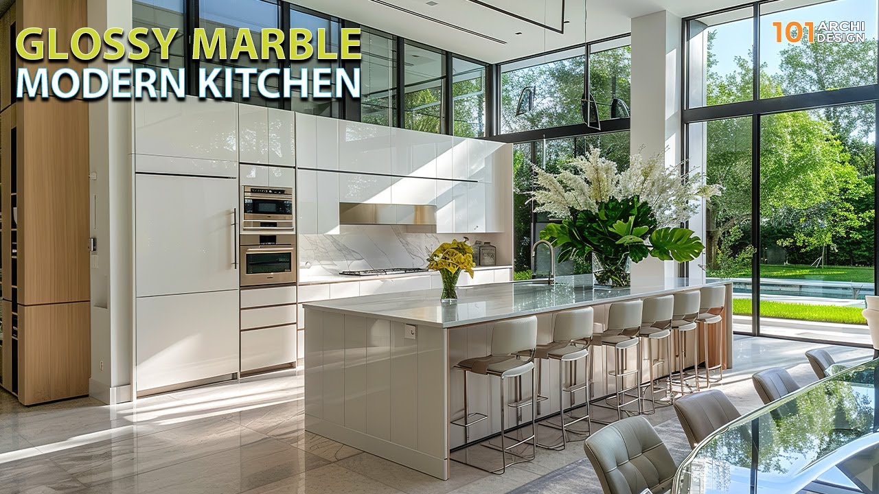 Modern Kitchen Interior Design with Glossy Marble Countertops Integration