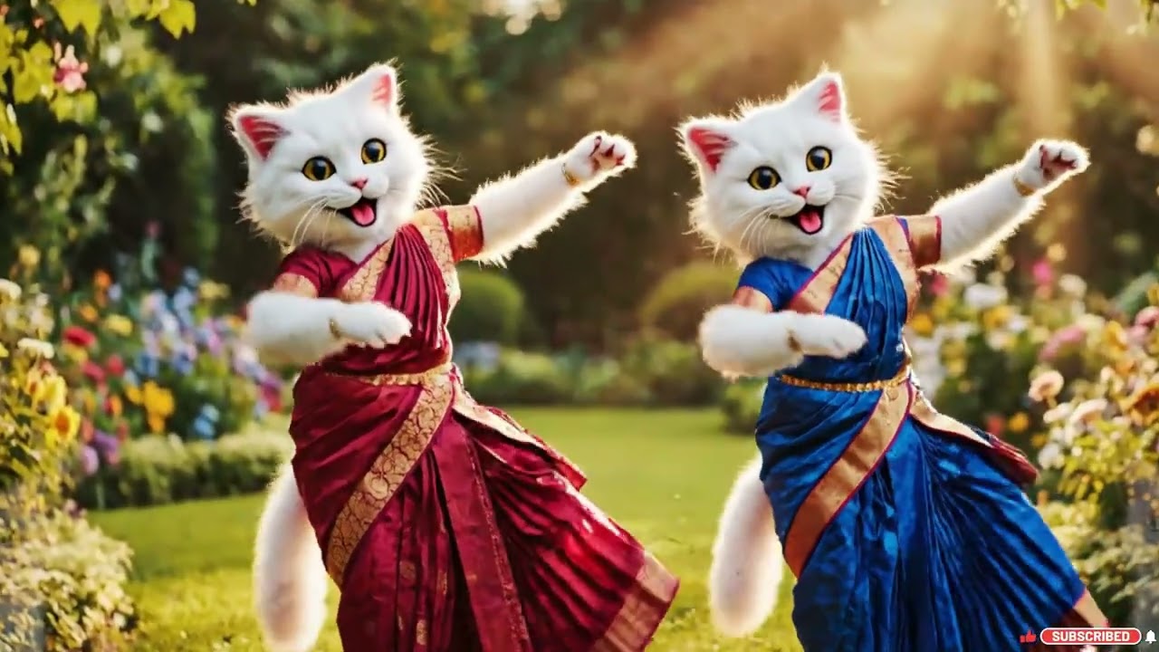 Three Fluffy White Cats Dancing Like Humans in Colorful Sarees | Joyful Garden Dance #catdancing