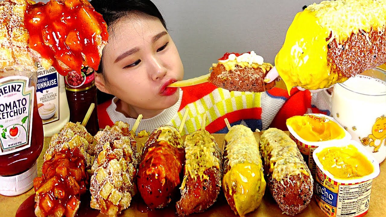 명랑핫도그 따따블치즈핫도그 통모짜감자핫도그 치즈소스 먹방 Mukbang Eating Sound