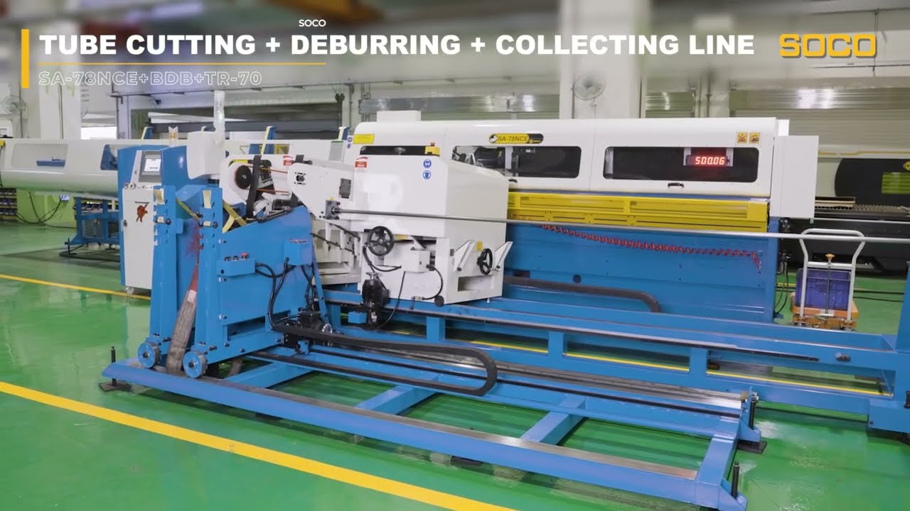 Tube Cutting(SA-78NCE) + Deburring(BDB) + Collecting Line (TR-70), SOCO和和高張力鋼切管 + 鋼刷除屑 + 收料設備