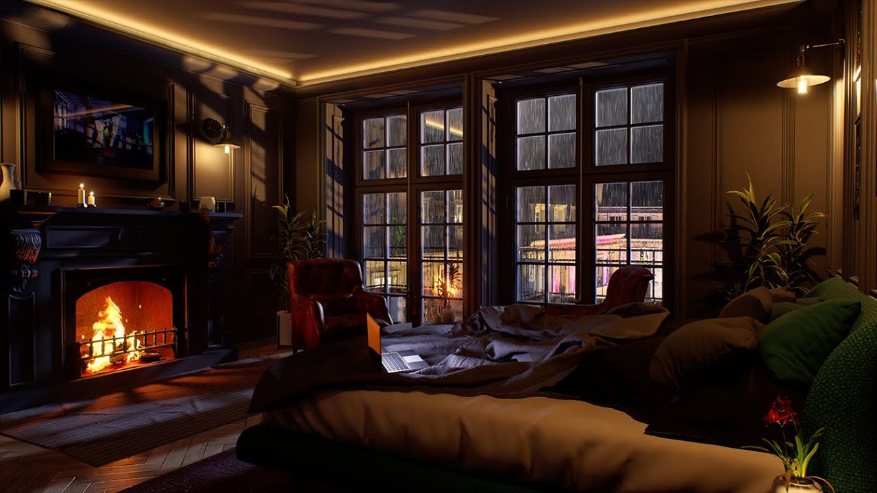 A Warm & Cozy Hotel Room In Paris | Crackling Fireplace | Rain On Window Sounds | 4K