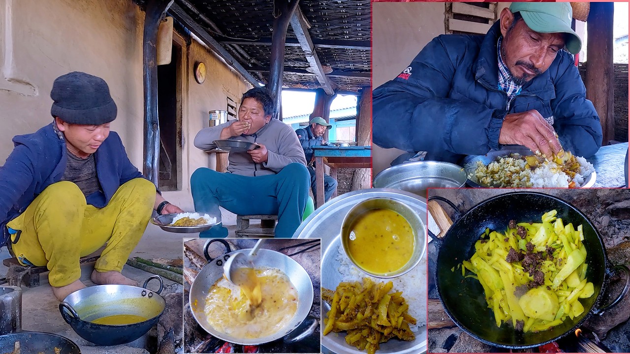 dry grinded soybean mix chayote curry in our village lunch || koich kanchha & Fox uncle Shyal kaka