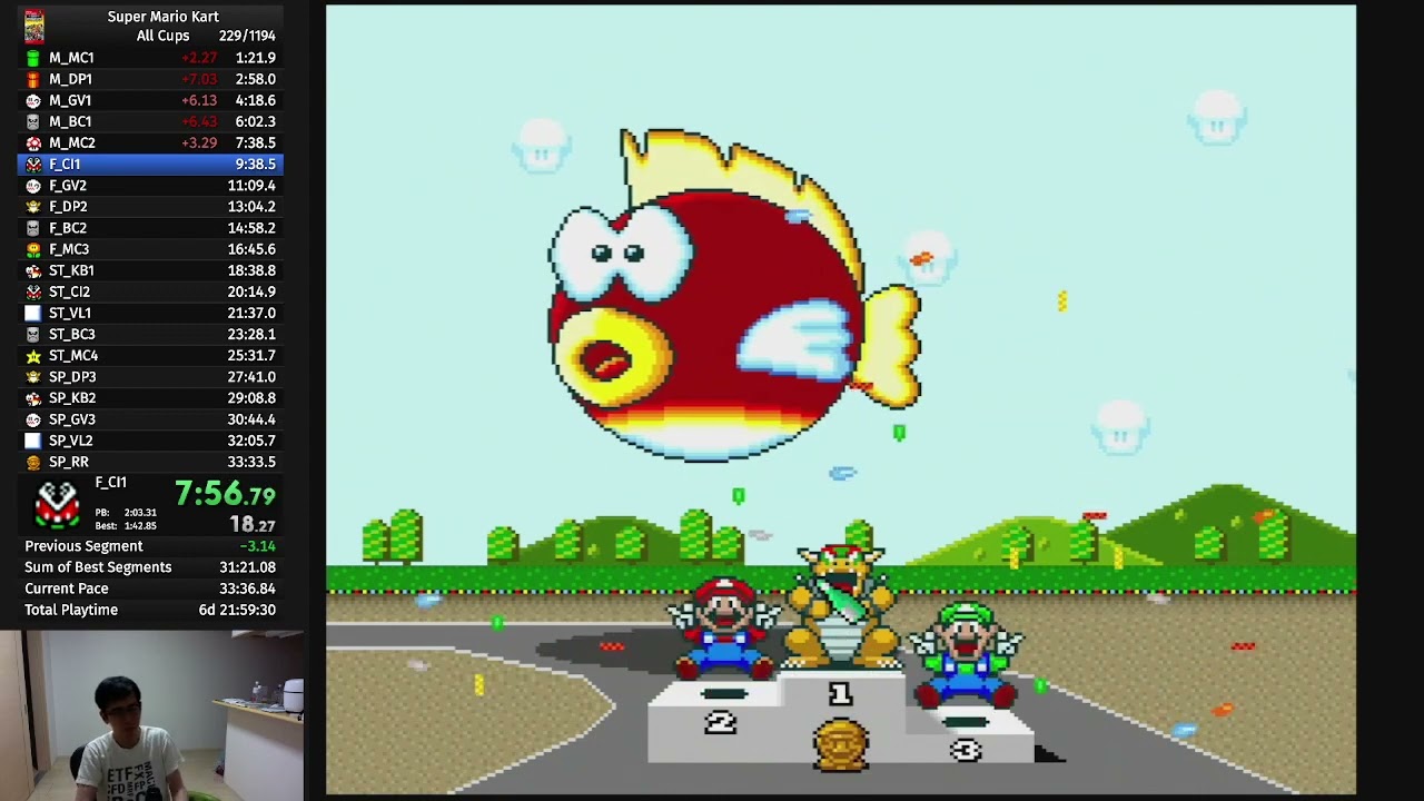 [RTA,Speedrun]33分14秒！初代SFCスーパーマリオカート150cc全カップ, Super Mario Kart All Cups NTSC 1P
