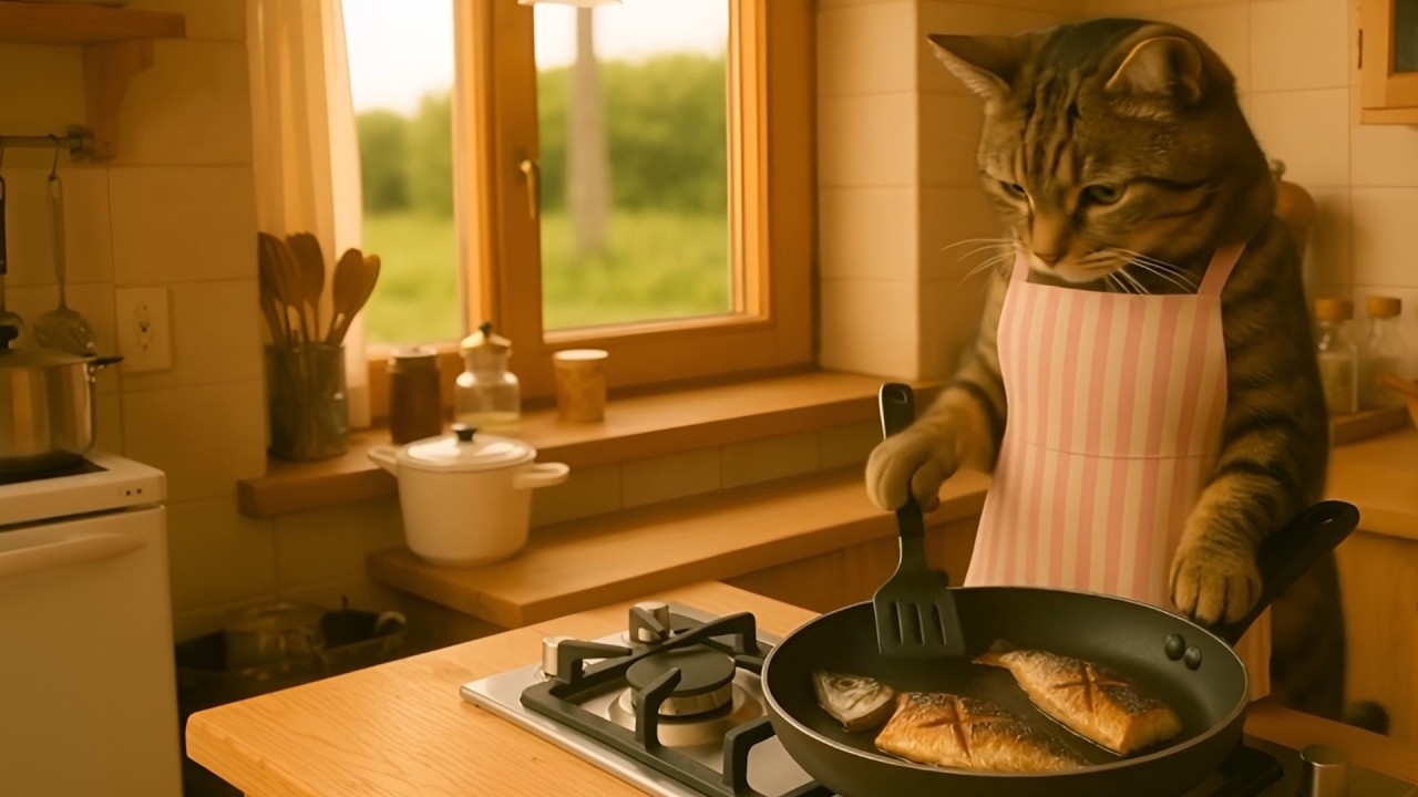 【AI Cat】キジトラ猫アンバーの焼き秋刀魚作り！【料理】
