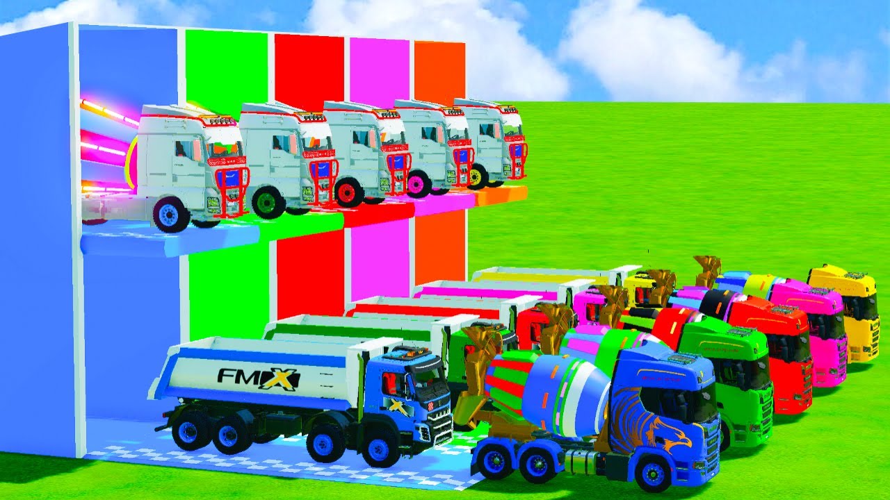 Garage with Colors - ALL MIXER TRUCK WITH DOUBLE FLATBED TRAILER TRUCK, RENAULT, MAN, SCANIA - FS22