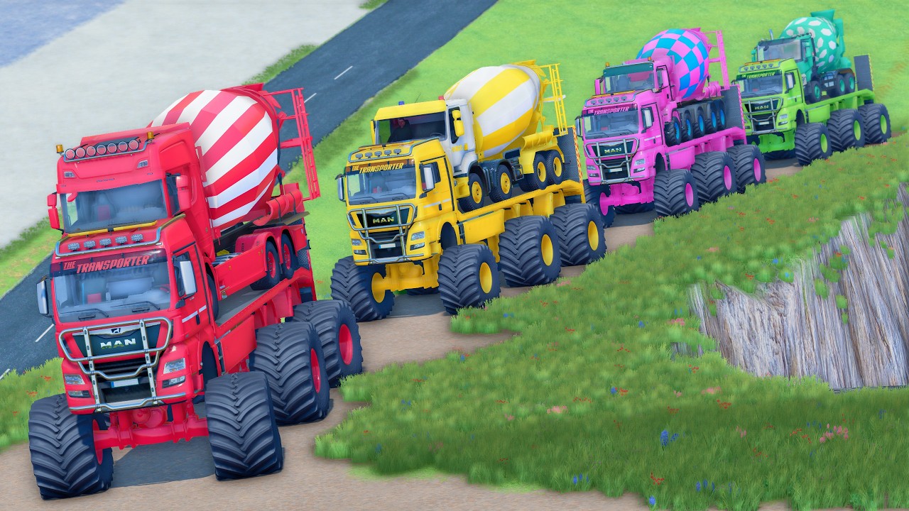 MONSTER FLATBED TRUCK LONG CONVOY TRANSPORT OF COLORS! ALL  MIXER TRUCK, ELKON, MAN, KENWORTH - FS25