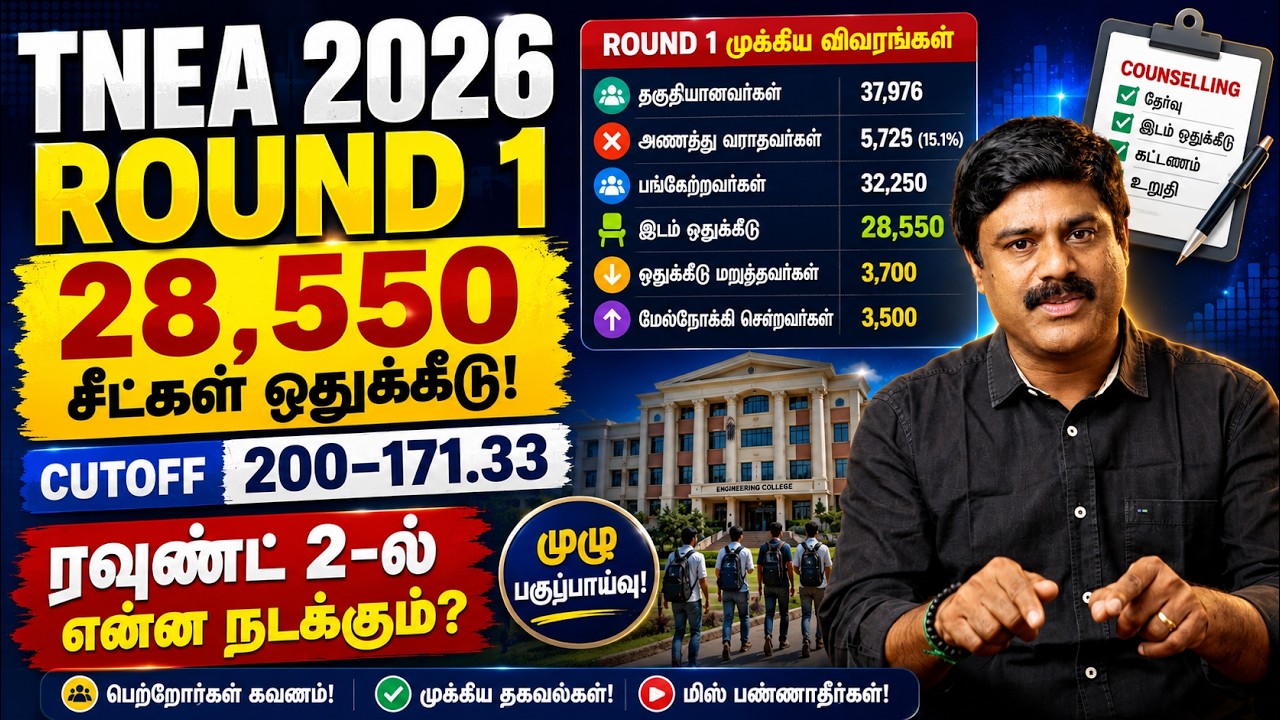 TNEA 2026 Round 1 Analysis | 28,550 Seats Allotted | Cutoff 200&ndash;171.33 | Round 2 என்ன நடக்கும்?