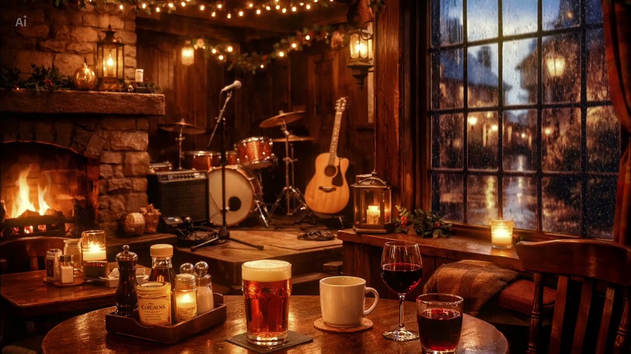 Cozy English Pub Ambience 🍺 Rainy Village Evening, Fireplace | Relaxing Pub Sounds WITHOUT music