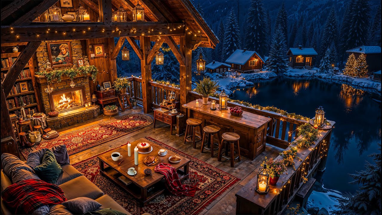 Winter Evening Coffee Shop Balcony by the Lake ☕ Cozy Fireplace & Smooth Jazz Ambience