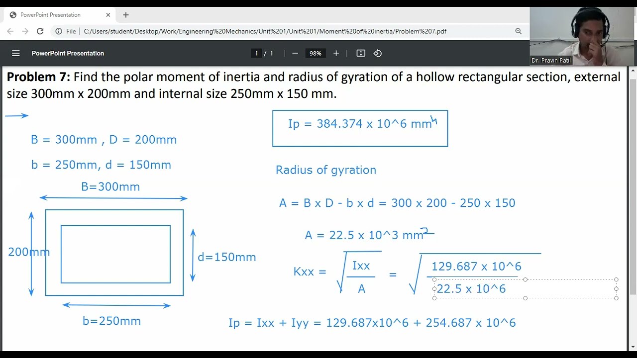 Problem 7-Polar moment of inertia  and radius of gyration of a hollow rectangular section