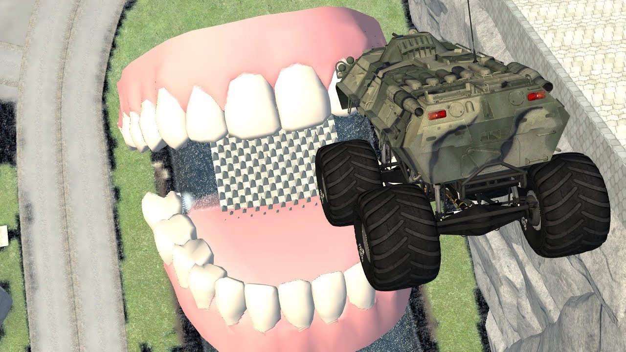 Beamng drive - Jump into huge jaw with spiked (crushing jump)