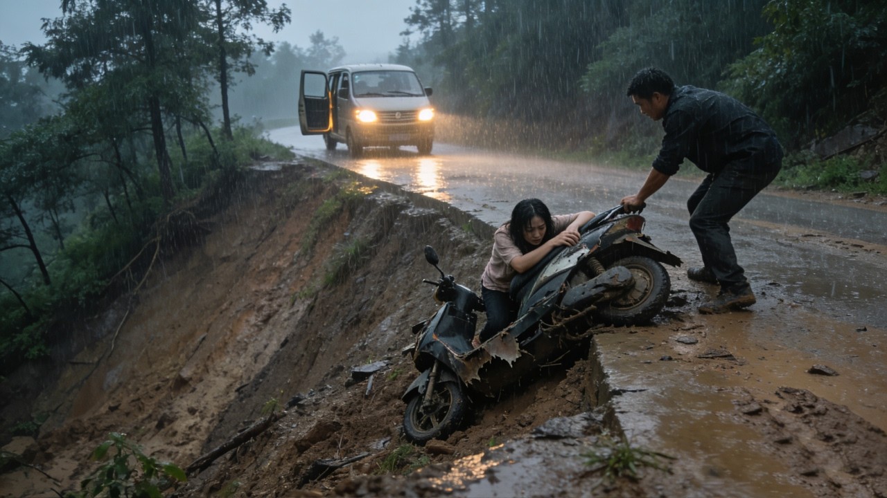 Riding steep mountain road, fell off cliff, lost consciousness, passersby tried to rescue