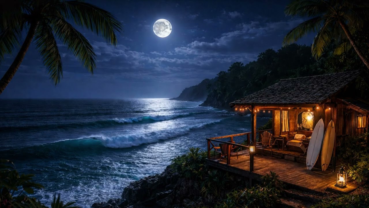 Moonlit Surf Shack on a Cliff 🌙 Perfect Ocean Waves at Night | Tropical Surf Camp Ambience (4 Hours)