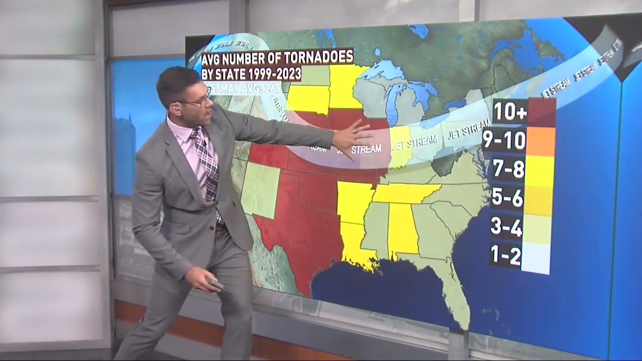 Seasonal tornado shift, April into May.