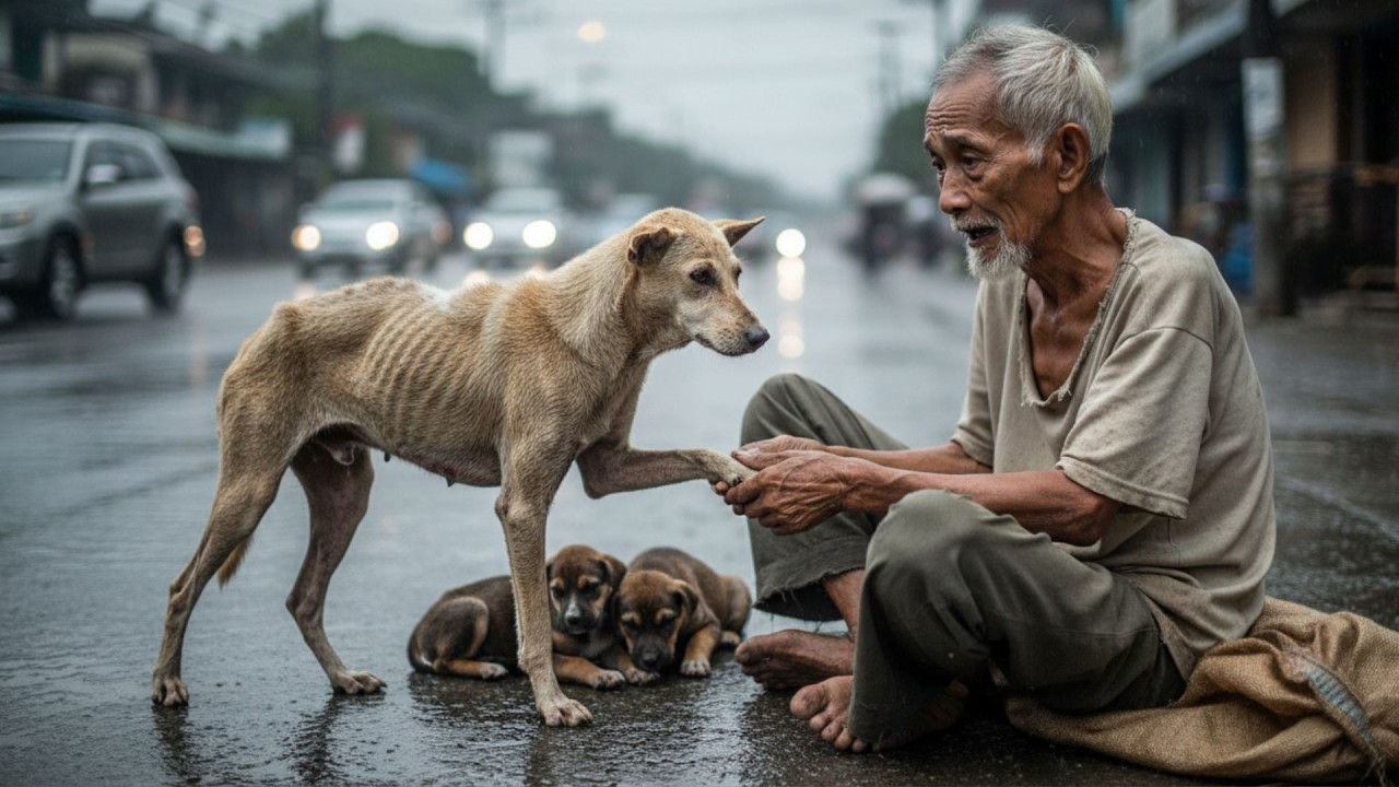 Isang Aso ang Nakiusap sa Matandang Pulubi na Iligtas ang Buhay Nila ng Kanyang mga Tuta