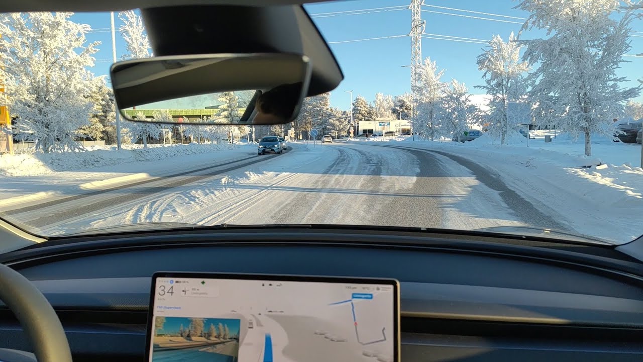 Tesla FSD -20°C Oulu Finland full test ride footage