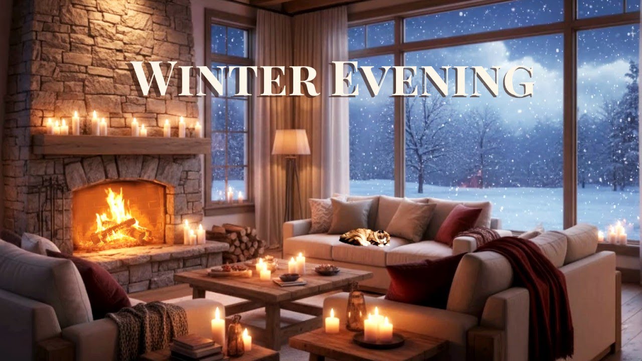 A Cozy Winter Evening ❄️ Fireplace Glow, Snowfall & Gentle Instrumental Ambience (8 Hours)