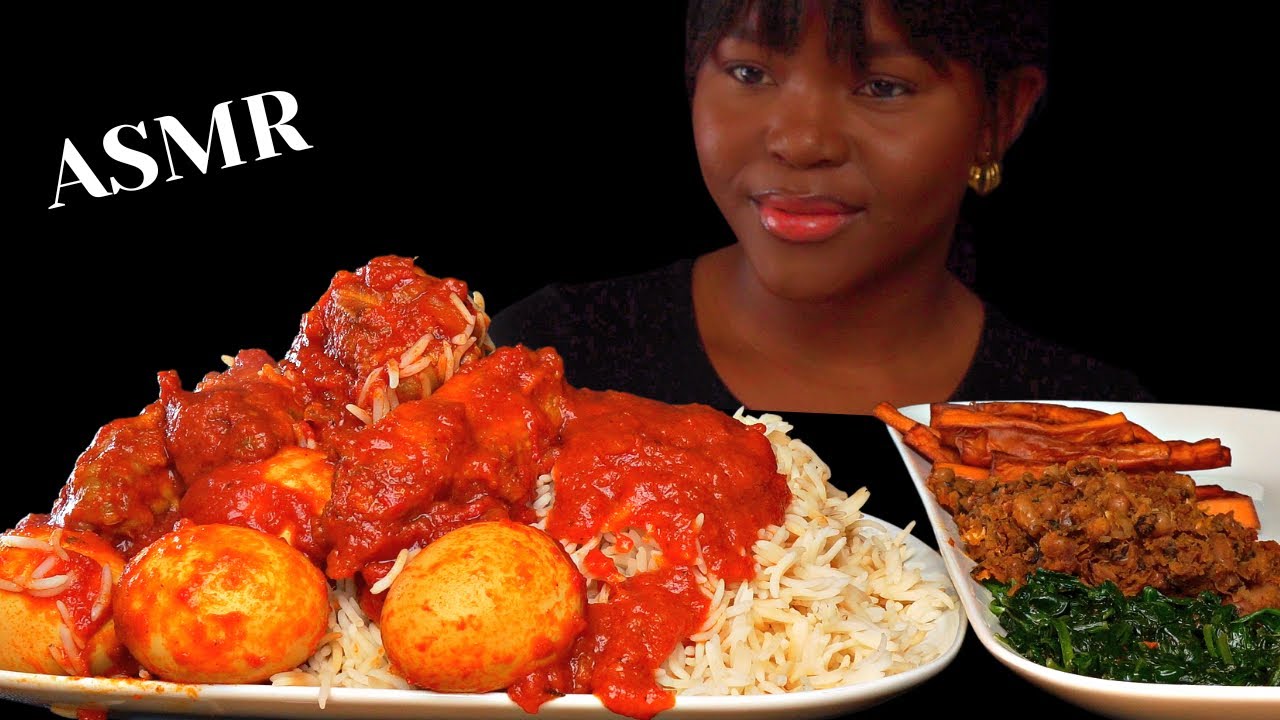 ASMR RICE & CHICKEN STEW MUKBANG |Chicken wings, egg, beans| Nigerian (Talking) Soft Eating Sounds