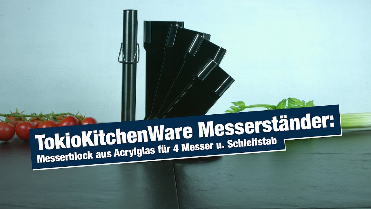 TokioKitchenWare Messerst&auml;nder: Messerblock aus Acrylglas f&uuml;r 4 Messer u. Schleifstab