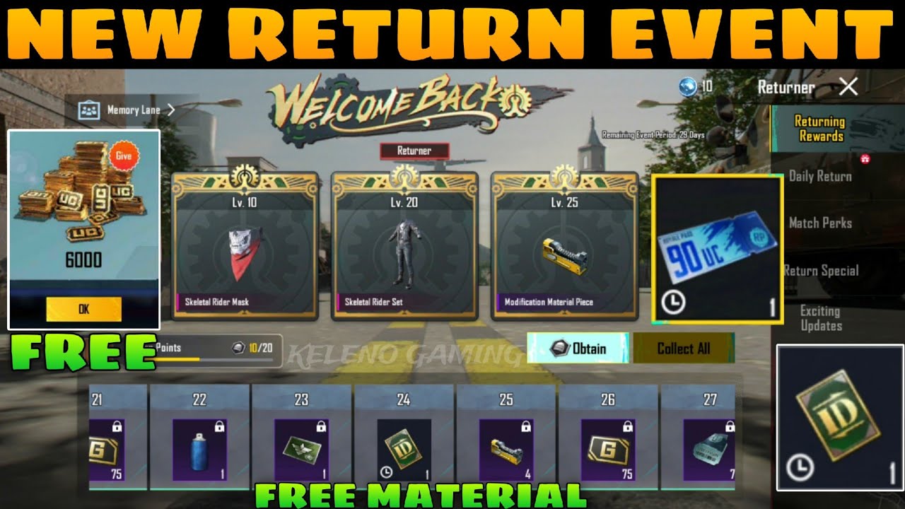 😍Free Mini Material ✅ How To Get Welcome Back & Return Event Bgmi | Rename Card | 90 Uc Rp Voucher