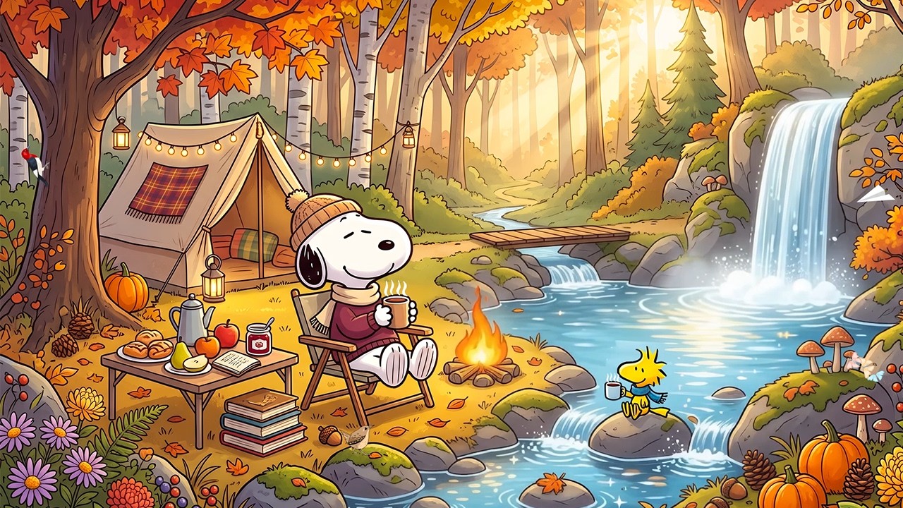 Snoopy's Morning Autumn Waterfall Camping 🏕️ Cozy Jazz for Relaxing, Study & Peaceful Moments
