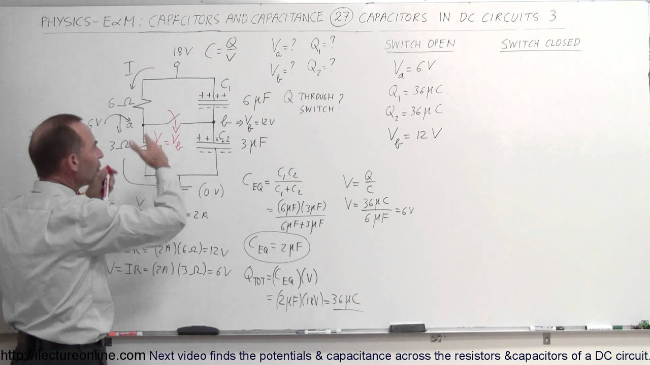 Physics 39   Capacitors (27 of 37) Find V and C in a DC Circuit with a Switch