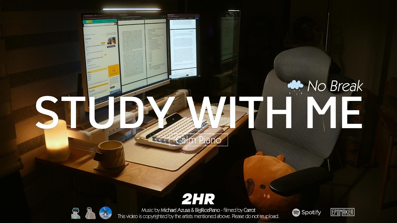 🥕2-HOUR STUDY WITH ME  Late night🌙 | 🎹Calm Piano, Rain Sounds | No Break
