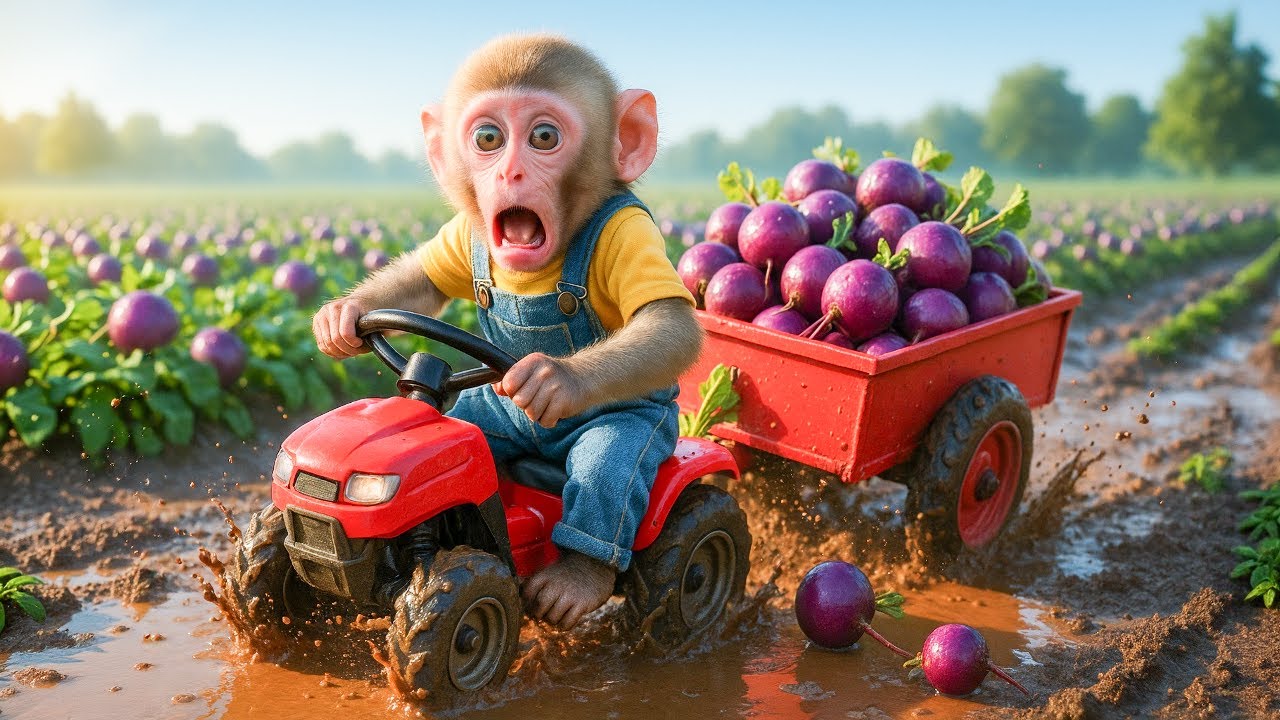 Monkey Tractor Stuck While Crossing the Field of Purple Radishes!-Monkey Farm Work |NiNi Monkey Farm