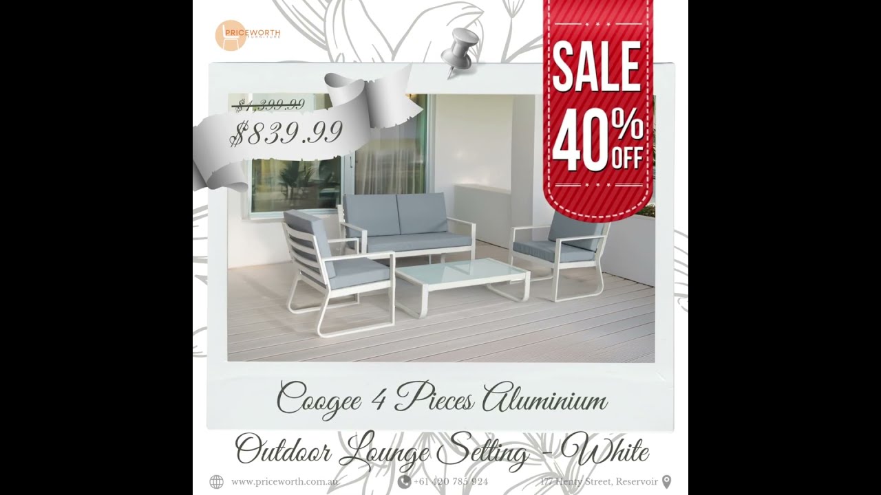 40% Discount on White Coogee 4 Pieces Aluminium Outdoor Lounge Setting!!
