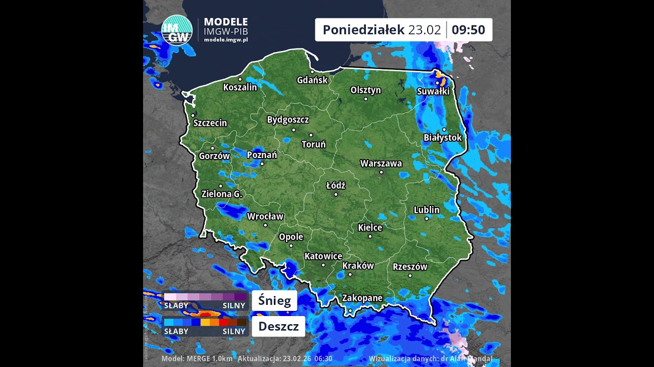 Prognoza opadu na 8 godzin (Model MERGE) 23.02.2026 #ostrzeżenia  #imgw  #ostrzeżenia  #news