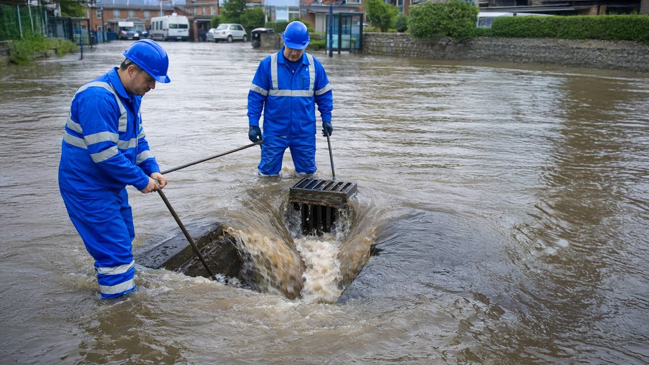 City Flood Crisis Solved by Unclogging Drain During Rain