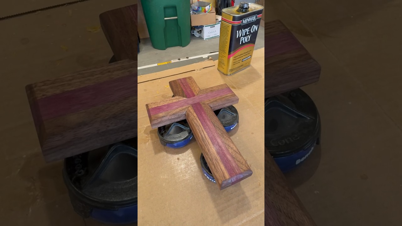 The walnut and Purple Heart cross build in 60 seconds. #woodworking #maker