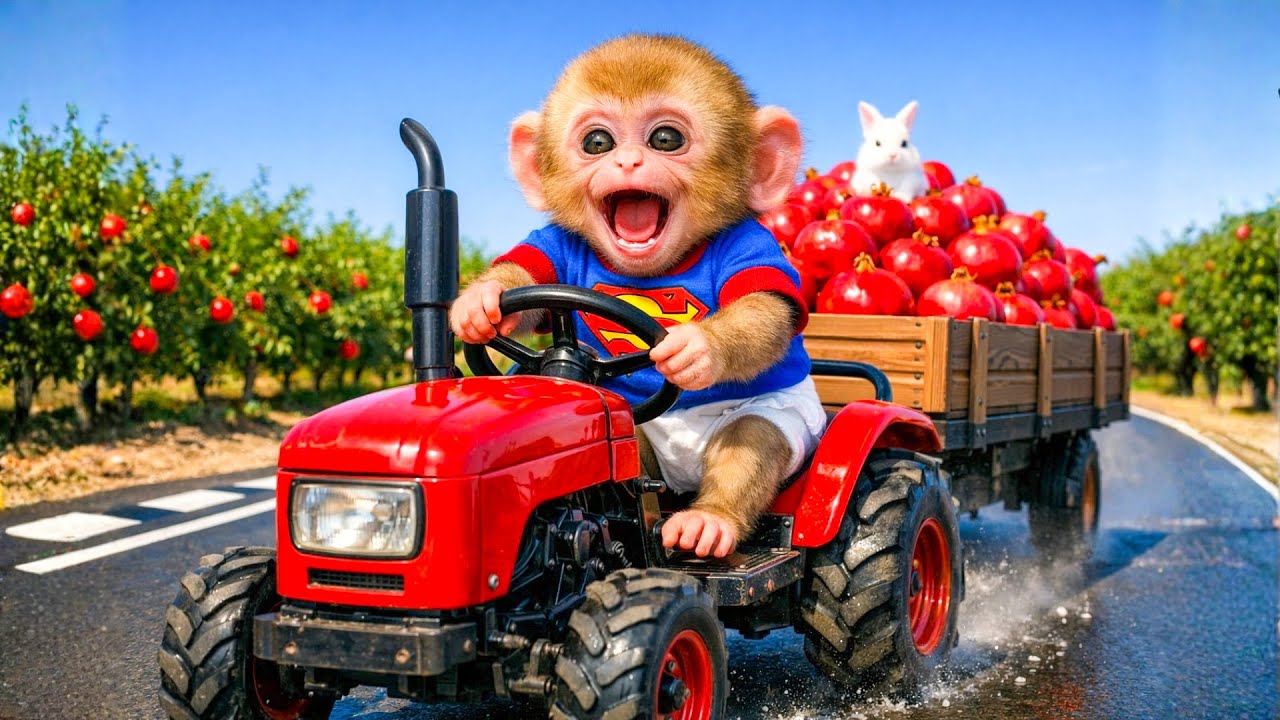 Monkey Farmer Drives Red Tractor And Harvest Pomegranate – Kuti Monkey World – Monkey Farm