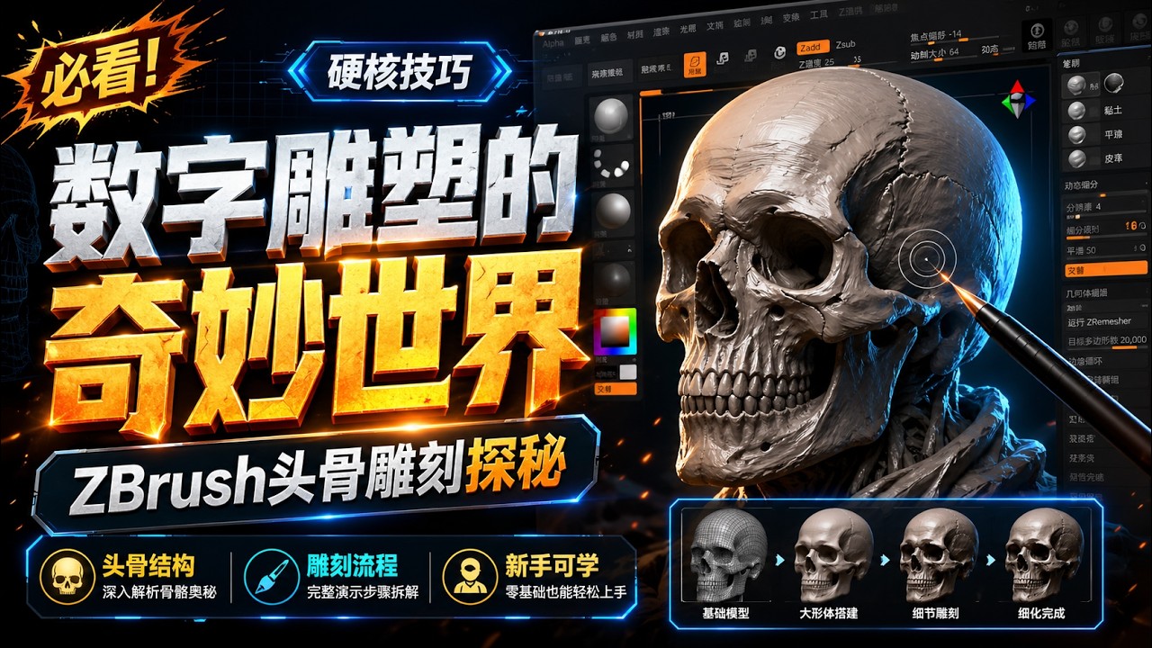 数字雕塑的奇妙世界：ZBrush头骨雕刻探秘。The wonderful world of digital sculpture: Exploring ZBrush skull carving