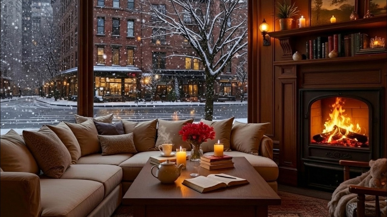 The Cafe's Atmosphere is Tranquil in Winter ❄️ Gentle Jazz Piano & Cozy Fireplace Sounds