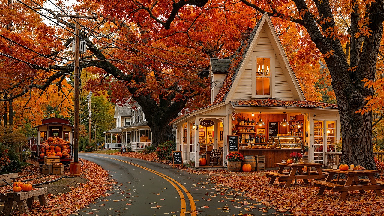 Cozy Autumn Caf&eacute; in New England Village 🍂 Warm Fall Jazz & Golden Leaves for Peaceful Moments