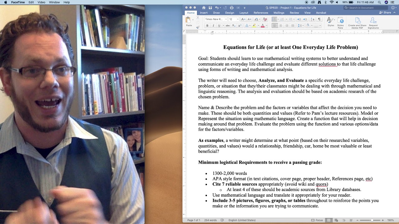 Math-Writing Learning Community: Equations for Life Spr20 Project 1 Prompt description