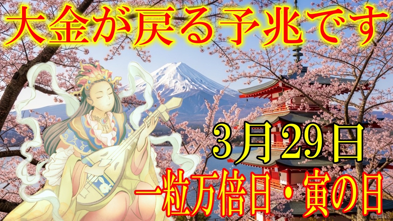 【1分で金運アップ】一粒万倍日・寅の日の今日必ず見て下さい。大金が戻る予兆です！宝くじ・ロト・BIG高額当選・臨時収入　願いが叶うエネルギー【3月29日(日)・金運上昇祈願】