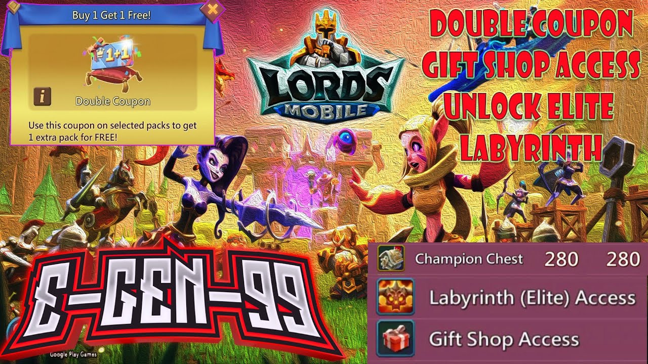 lords mobile double coupon gift shop access labyrinth elite access champion chest 500+