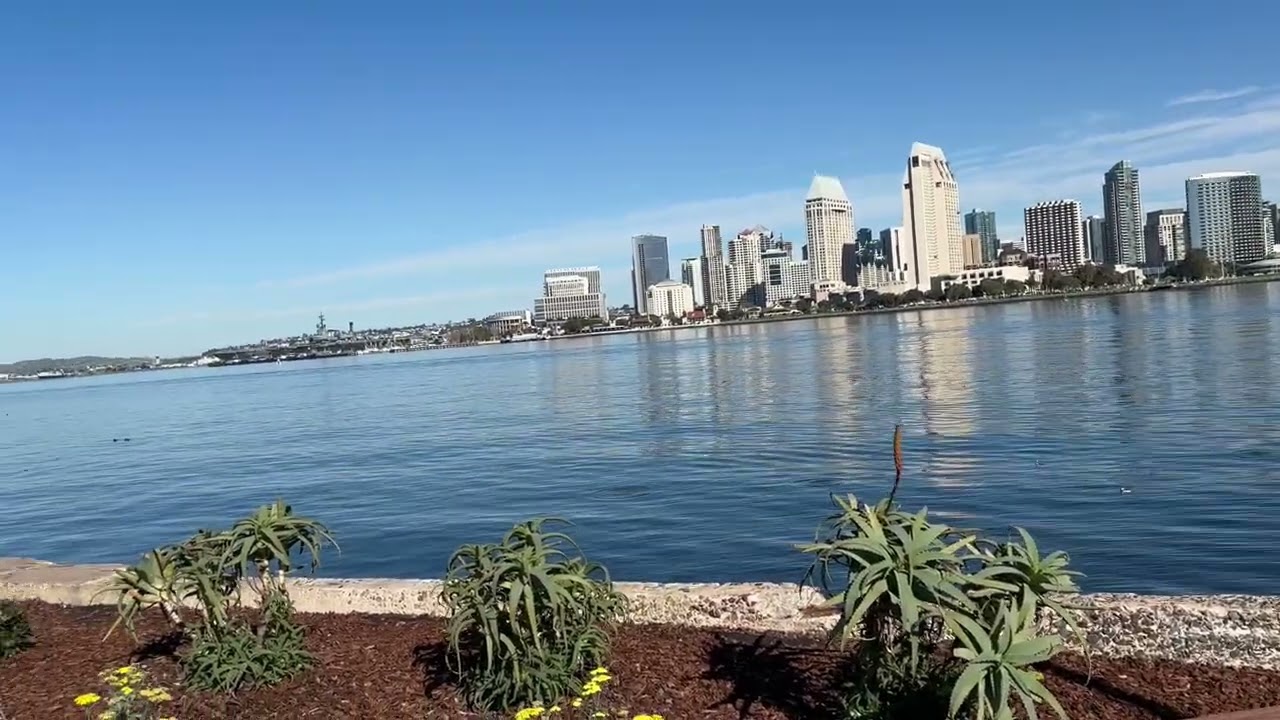 Coronado Island, San Diego.  Coronado Ferry Landing, Downtown, Pier, and Coronado Bridge with Cujo