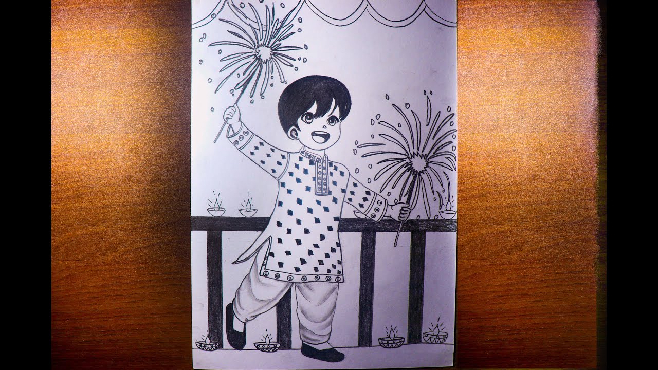 Diwali Drawing Easy, Diwali Festival Scenery Drawing For Beginners, How to Draw Diwali Drawing
