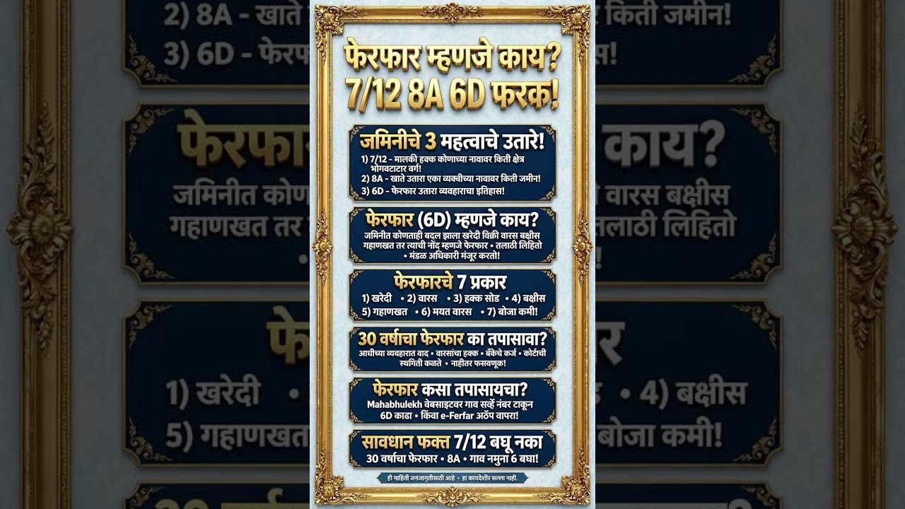 7/12, 8A आणि फेरफार (6D) म्हणजे काय? 😱 जमिनीची महत्त्वाची माहिती | Land Records Maharashtra #Shorts