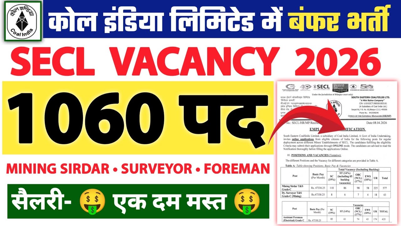 SECL Vacancy 2026 🔥 1060+ Posts | Mining Sirdar, Surveyor, Foreman | SECL 1060 vacancy 2026 | SECL