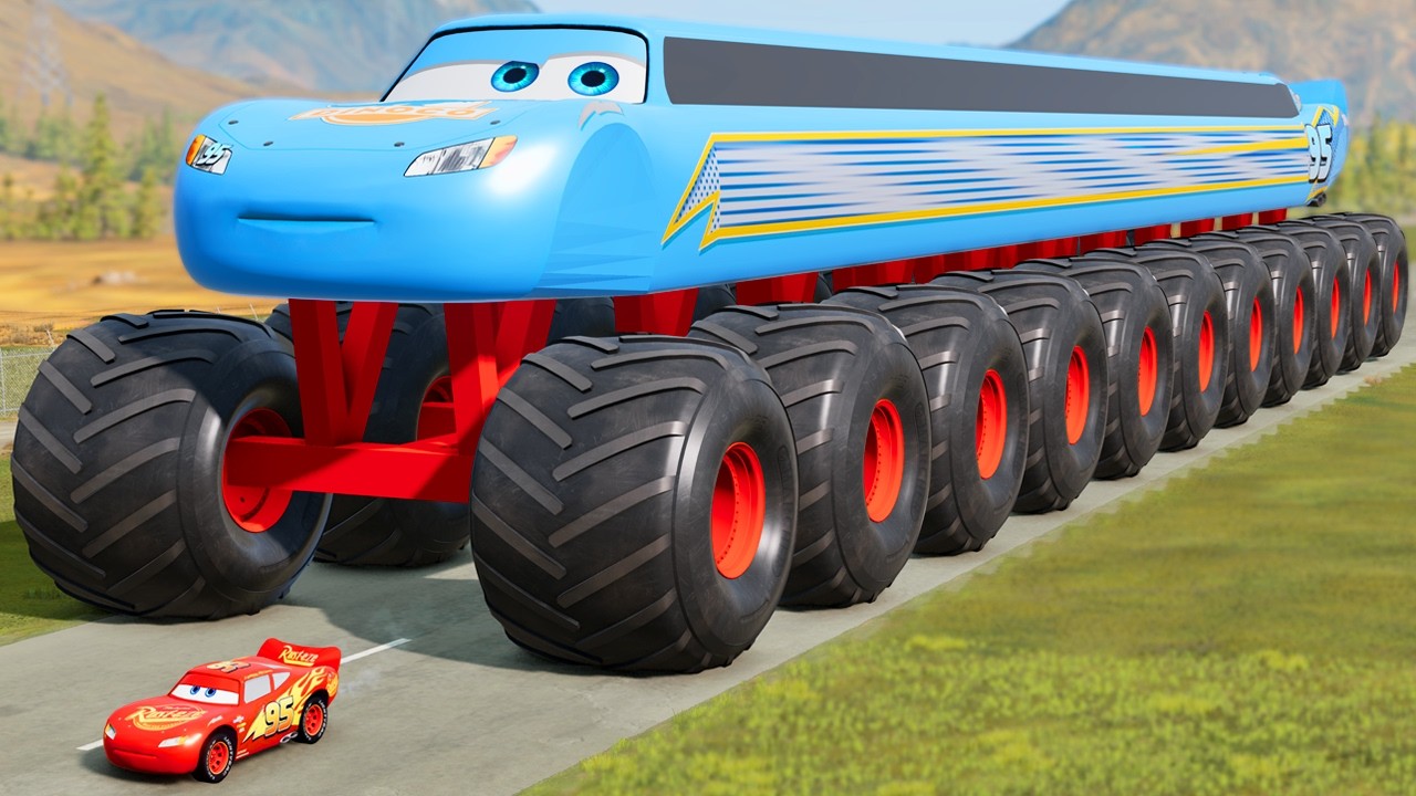 GIANT Long Dinoco McQueen MONSTER TRUCK vs Big & Small Lightning McQueen | BeamNG.Drive