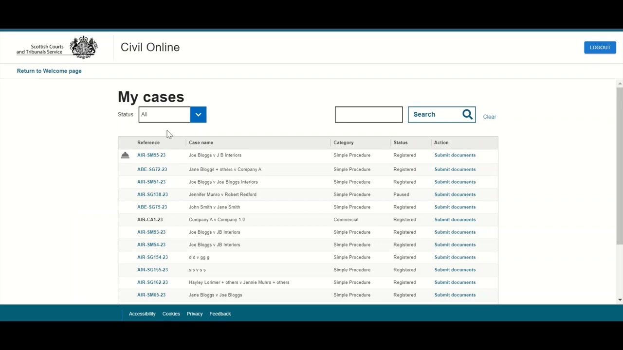 Case tracking and submission of documents
