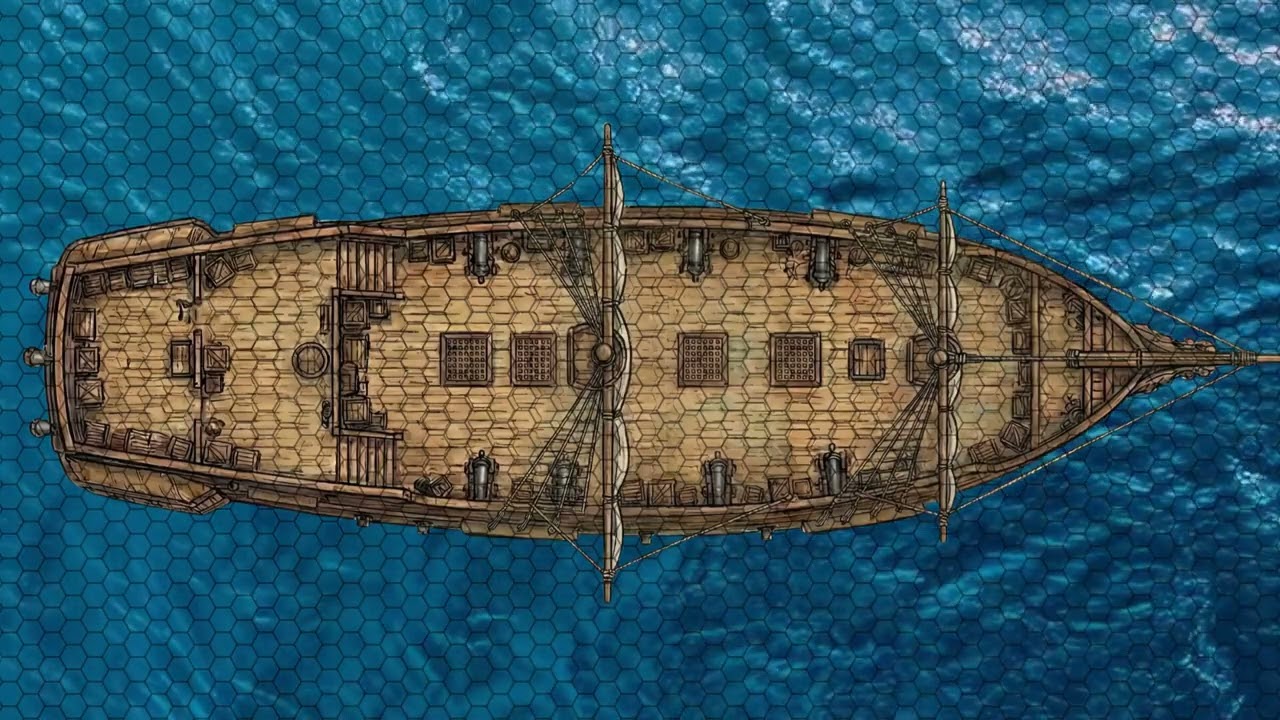 DnD compatible animated map _ Galeon Shi boat on ocean _ hex grid _ ambience for VTT