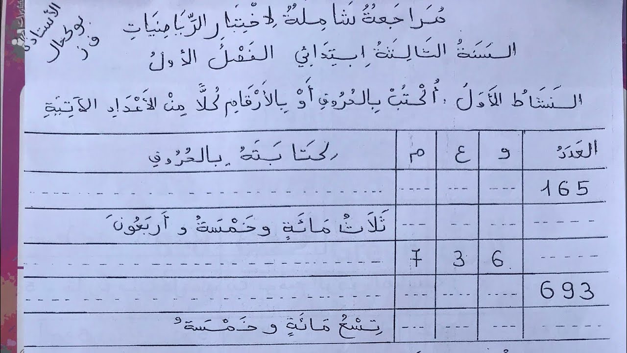 مراجعة شاملة لاختبار الفصل الاول في الرياضيات ثالثة ابتدائي