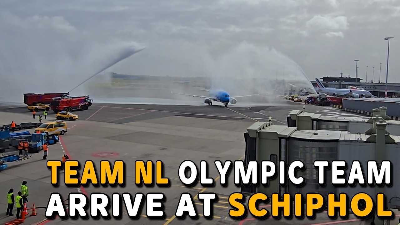 Dutch Olympic Team Lands at Schiphol Airport - Water Salute | Aviation History 4K