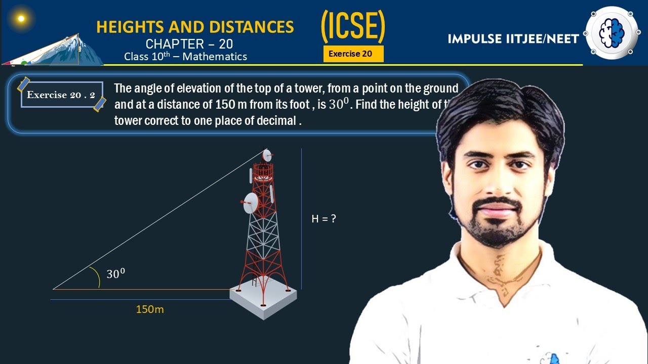 The angle of elevation of the top of a tower, from a point on the ground and at a distance of 150 m