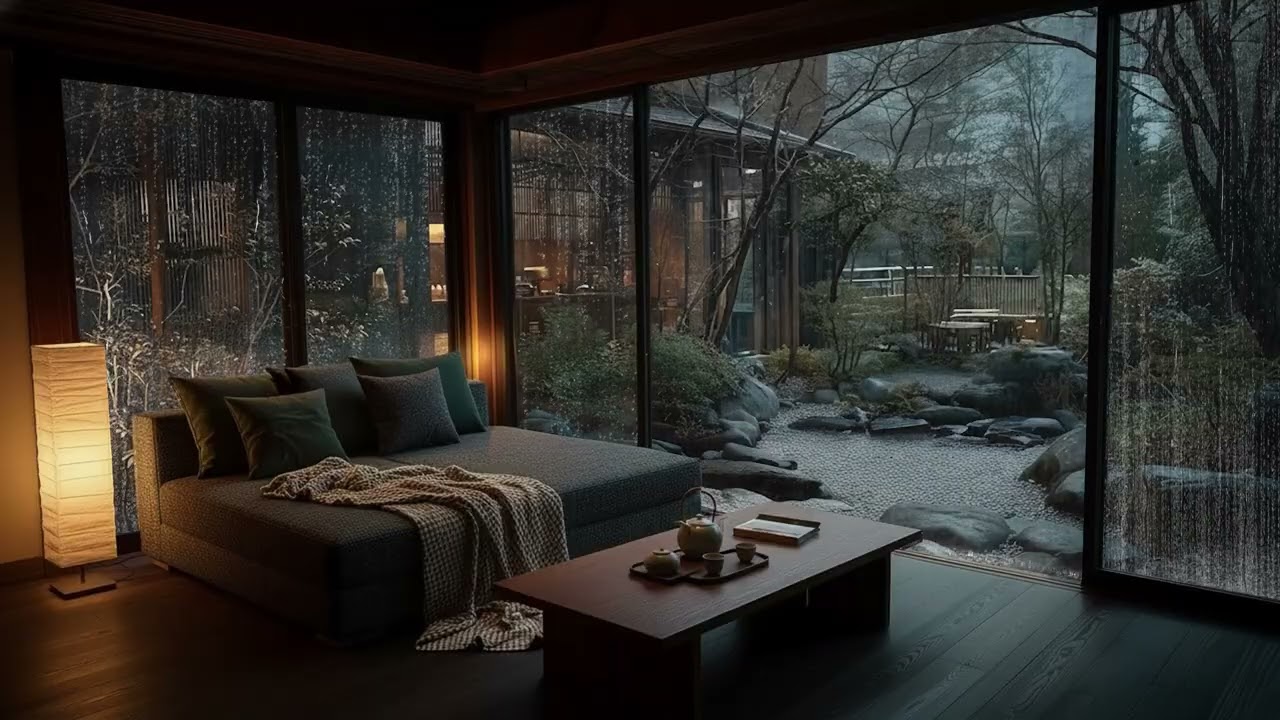 Soft Night Rain at a Cozy Ryokan 🌧️ Peaceful Zen Stone Garden for Sleep, Study, Focus and Relaxation